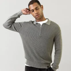 Mos Mosh Gallery Royce Zip Polo Knit Light Grey
